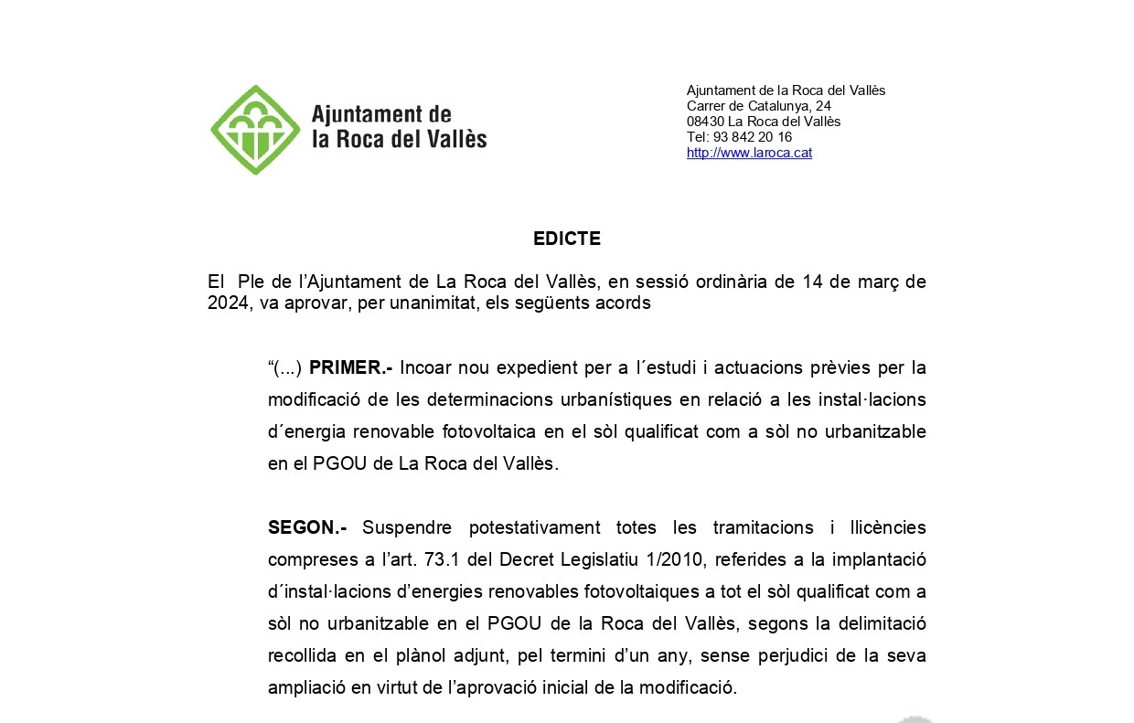 Modificació determinacions urbanístiques en relació a les instal·lacions d´energia renovable fotovoltaica