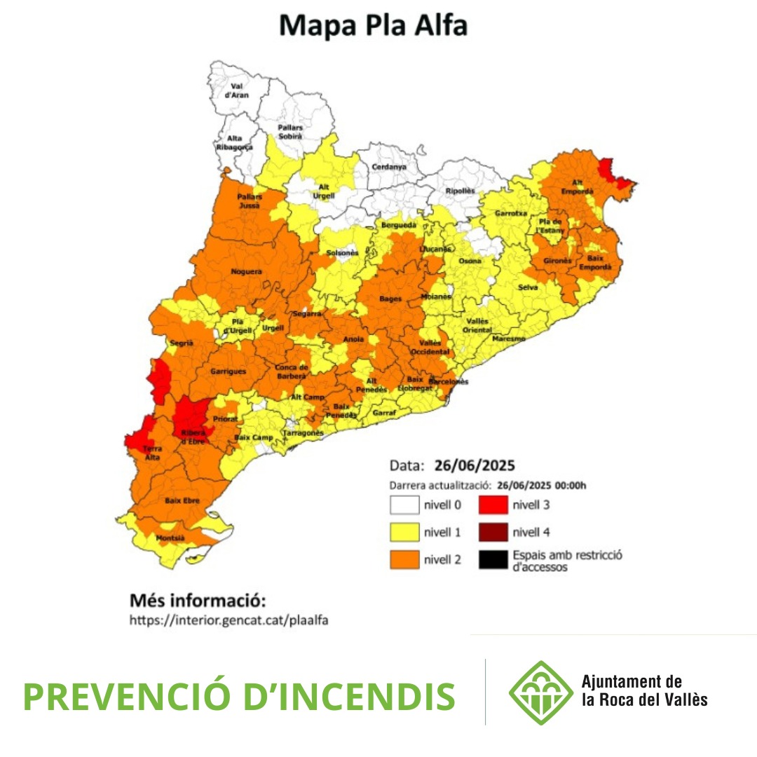 Activat el nivell 2 del Pla Alfa a la Roca del Vallès per alt risc d'incendis forestals